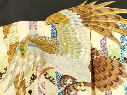平和屋着物[]お宮参り　男の子　祝着　産着　初着　のしめ　刺繍　鷹　宝尽くし吉祥間道　黒地　逸品　CAAZ7191ze