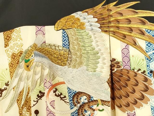 平和屋着物[]お宮参り　男の子　祝着　産着　初着　のしめ　刺繍　鷹　宝尽くし吉祥間道　黒地　逸品　CAAZ7191ze