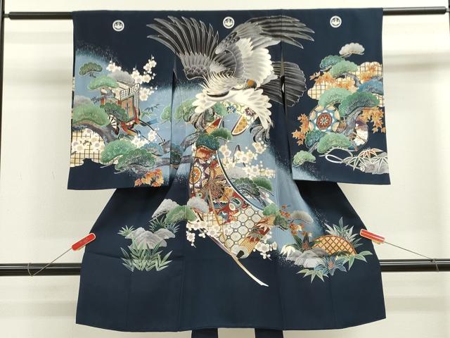 平和屋着物[]お宮参り　男の子　祝着　産着　初着　のしめ　鷹　松竹梅絵巻宝尽くし　暈し染め　金彩　逸品　CAAZ7192ze