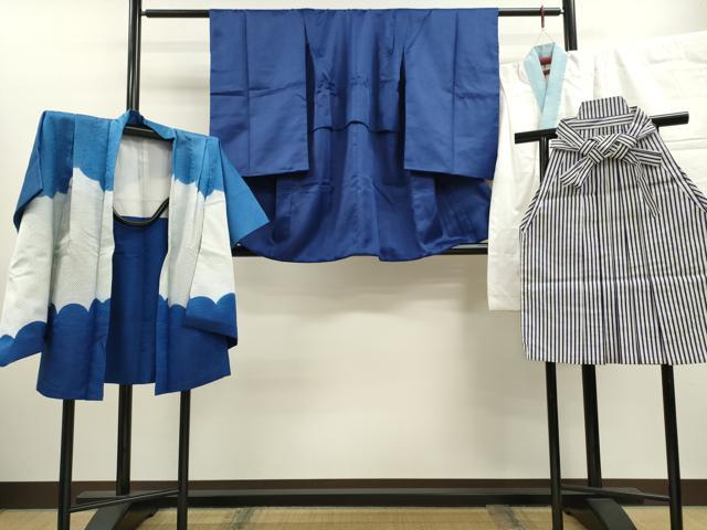 平和屋着物[]七五三　男の子　祝着・羽織・長襦袢・袴セット　駒刺繍　扇面青海波　紺色　洗える着物　CAAZ7198ze