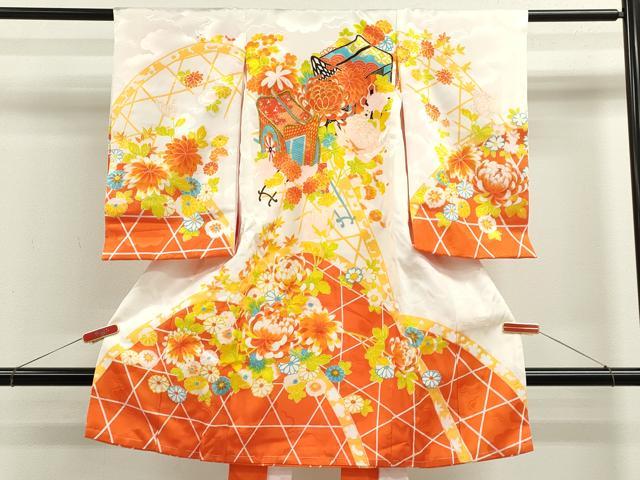 平和屋着物[]お宮参り　女の子　祝着　産着　初着　のしめ　刺繍　御所車草花文　金彩　洗える着物　CAAZ7200ze