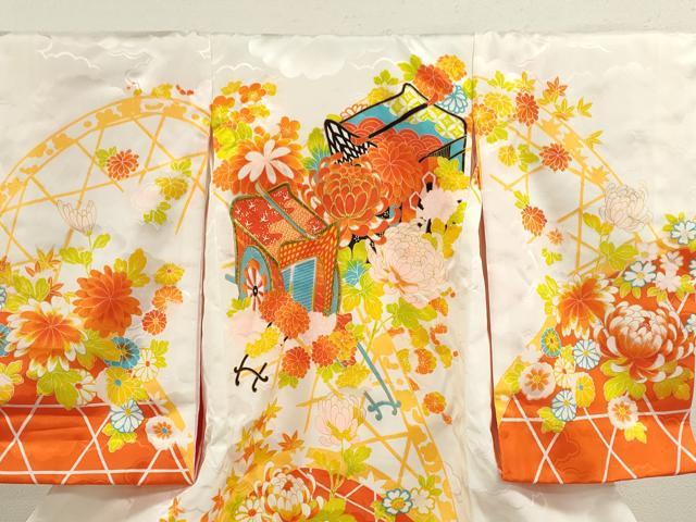 平和屋着物[]お宮参り　女の子　祝着　産着　初着　のしめ　刺繍　御所車草花文　金彩　洗える着物　CAAZ7200ze