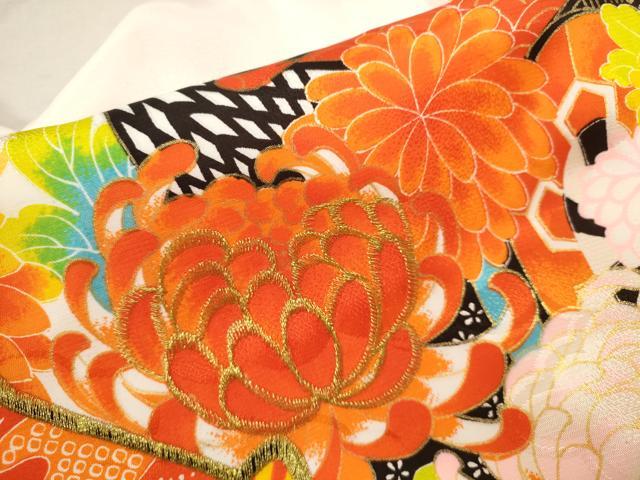 平和屋着物[]お宮参り　女の子　祝着　産着　初着　のしめ　刺繍　御所車草花文　金彩　洗える着物　CAAZ7200ze