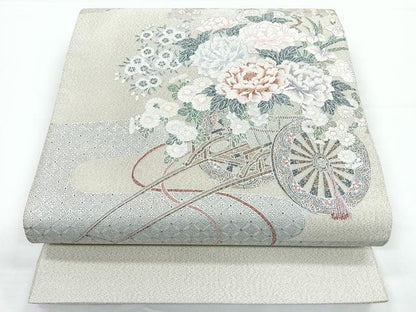 平和屋着物◎太鼓柄袋帯　綴れ　花車文　銀彩　正絹　逸品　CAAZ7204nb