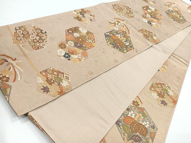 平和屋着物◎六通柄袋帯　唐織　亀甲花鳥文　金銀糸　正絹　逸品　CAAZ7238nb
