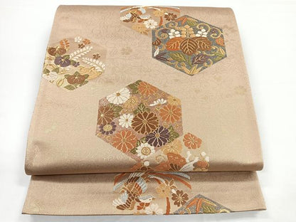 平和屋着物◎六通柄袋帯　唐織　亀甲花鳥文　金銀糸　正絹　逸品　CAAZ7238nb