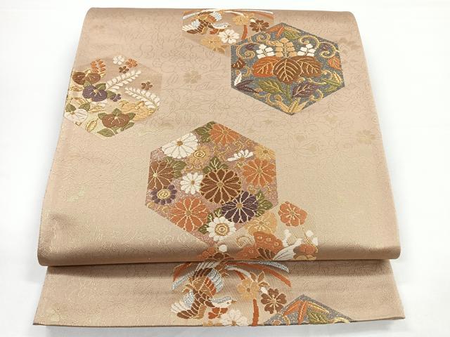 平和屋着物◎六通柄袋帯　唐織　亀甲花鳥文　金銀糸　正絹　逸品　CAAZ7238nb