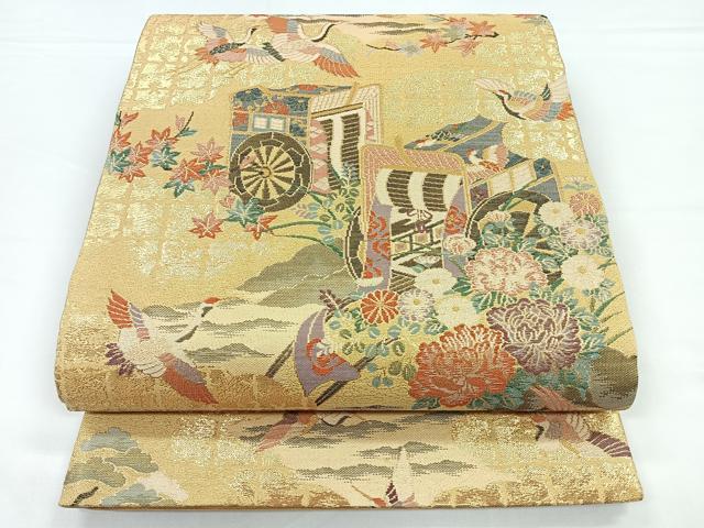 平和屋着物◎六通柄袋帯　飛鶴御所車花文　金糸　正絹　逸品　CAAZ7258nb