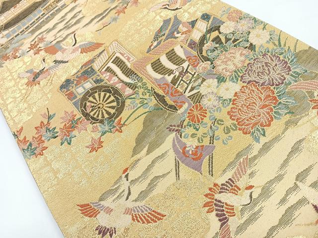平和屋着物◎六通柄袋帯　飛鶴御所車花文　金糸　正絹　逸品　CAAZ7258nb