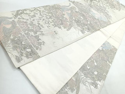 平和屋着物◎六通柄袋帯　春景牡丹孔雀図　プラチナ箔　正絹　逸品　CAAZ7272nb