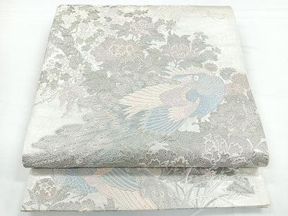 平和屋着物◎六通柄袋帯　春景牡丹孔雀図　プラチナ箔　正絹　逸品　CAAZ7272nb