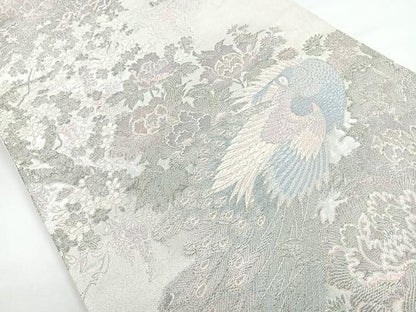 平和屋着物◎六通柄袋帯　春景牡丹孔雀図　プラチナ箔　正絹　逸品　CAAZ7272nb
