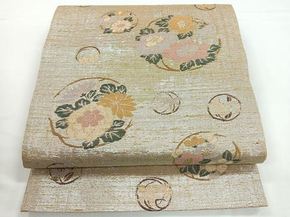 平和屋着物◎六通柄袋帯　紬地　花丸文　銀糸　正絹　逸品　CAAZ7286nb