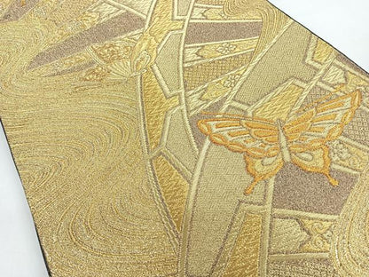 平和屋着物◎六通柄袋帯 片輪車舞蝶文 金糸 正絹 逸品 CAAZ7361nb