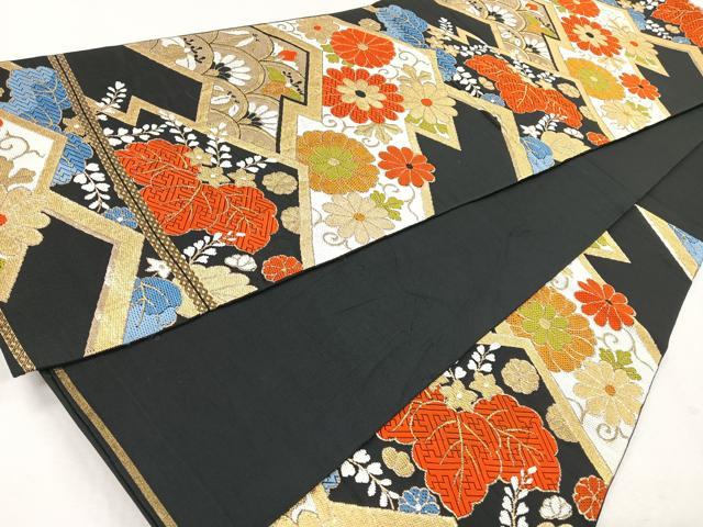平和屋着物◎六通柄　本袋帯　松皮菱吉祥花文　黒地　金糸　正絹　逸品　CAAZ7524nb