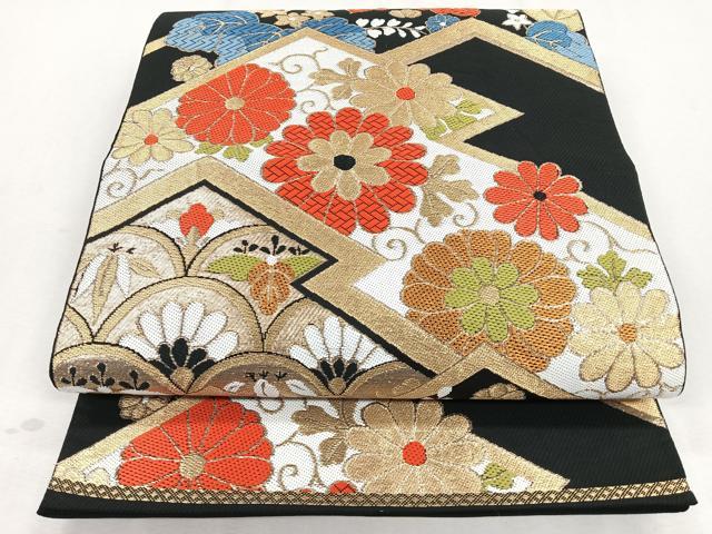 平和屋着物◎六通柄　本袋帯　松皮菱吉祥花文　黒地　金糸　正絹　逸品　CAAZ7524nb
