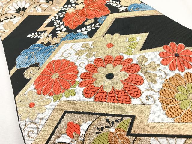 平和屋着物◎六通柄　本袋帯　松皮菱吉祥花文　黒地　金糸　正絹　逸品　CAAZ7524nb