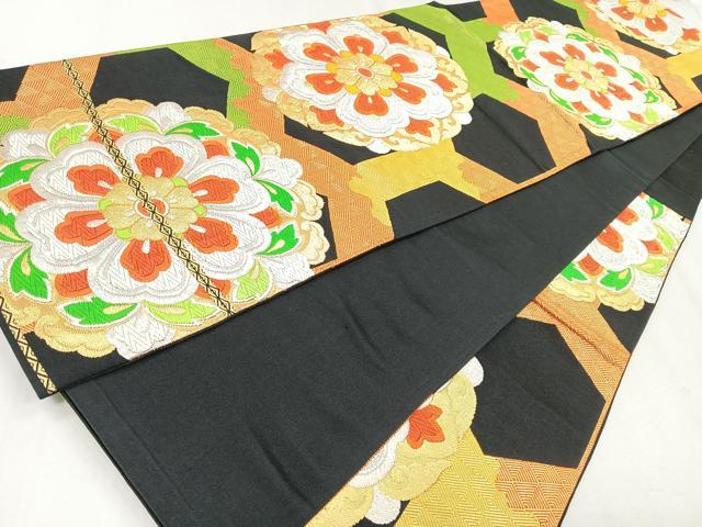平和屋着物◎六通柄袋帯　唐織　正倉院花文　黒地　金銀糸　正絹　逸品　CAAZ7529nb