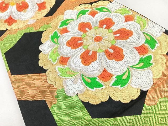 平和屋着物◎六通柄袋帯　唐織　正倉院花文　黒地　金銀糸　正絹　逸品　CAAZ7529nb
