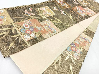 平和屋着物◎佐賀錦　六通柄袋帯　唐織　色紙吉祥花蝶文　金糸　正絹　逸品　CAAZ7535nb