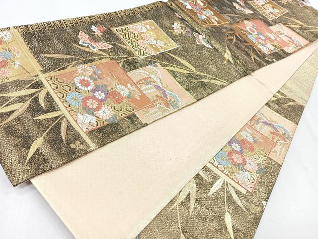 平和屋着物◎佐賀錦　六通柄袋帯　唐織　色紙吉祥花蝶文　金糸　正絹　逸品　CAAZ7535nb