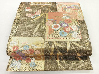 平和屋着物◎佐賀錦　六通柄袋帯　唐織　色紙吉祥花蝶文　金糸　正絹　逸品　CAAZ7535nb