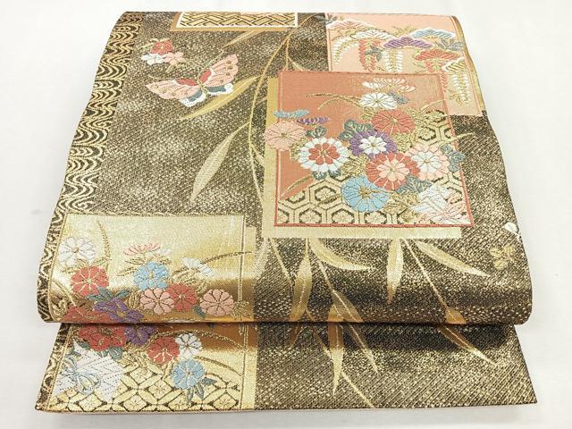 平和屋着物◎佐賀錦　六通柄袋帯　唐織　色紙吉祥花蝶文　金糸　正絹　逸品　CAAZ7535nb