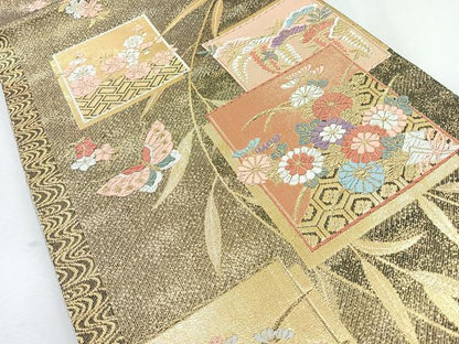 平和屋着物◎佐賀錦　六通柄袋帯　唐織　色紙吉祥花蝶文　金糸　正絹　逸品　CAAZ7535nb