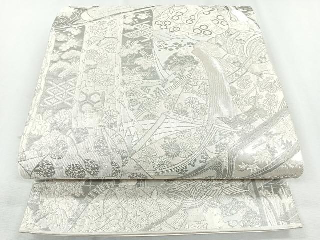 平和屋着物◎六通柄袋帯　人物孔雀花文　銀糸　正絹　逸品　CAAZ7540nb