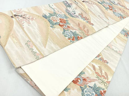 平和屋着物◎六通柄袋帯　唐織　花鳥文　鶴　金糸　正絹　逸品　CAAZ7569nb