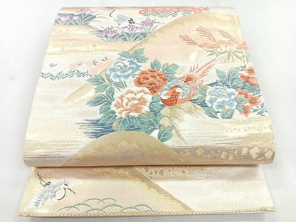 平和屋着物◎六通柄袋帯　唐織　花鳥文　鶴　金糸　正絹　逸品　CAAZ7569nb