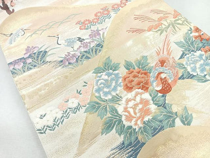 平和屋着物◎六通柄袋帯　唐織　花鳥文　鶴　金糸　正絹　逸品　CAAZ7569nb