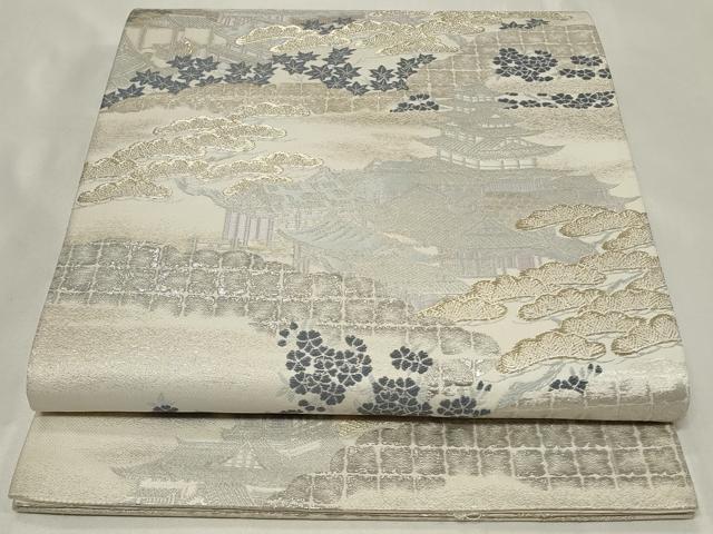 平和屋着物◎六通柄袋帯 風景草花文 九百プラチナ二重箔 正絹 逸品 CAAZ7616in