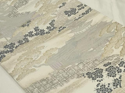 平和屋着物◎六通柄袋帯 風景草花文 九百プラチナ二重箔 正絹 逸品 CAAZ7616in