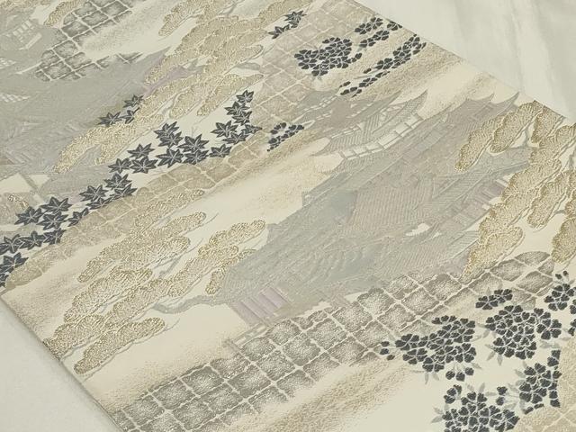 平和屋着物◎六通柄袋帯 風景草花文 九百プラチナ二重箔 正絹 逸品 CAAZ7616in