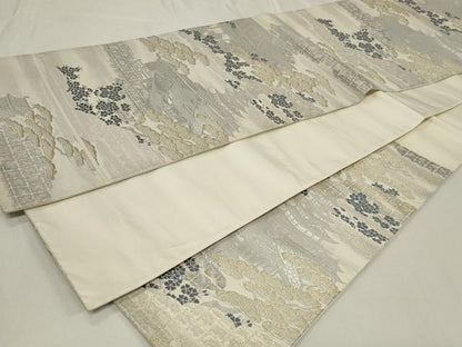 平和屋着物◎六通柄袋帯 風景草花文 九百プラチナ二重箔 正絹 逸品 CAAZ7616in
