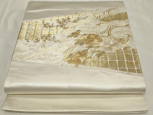 平和屋着物◎太鼓柄袋帯　刺繍　流水草花文　金銀糸　正絹　逸品　CAAZ7621in