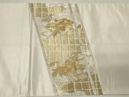 平和屋着物◎太鼓柄袋帯　刺繍　流水草花文　金銀糸　正絹　逸品　CAAZ7621in