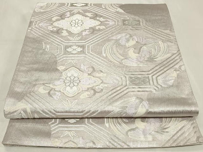 平和屋着物◎六通柄袋帯 唐織 蜀江向かい鳥花文 銀糸 正絹 逸品 CAAZ7638in