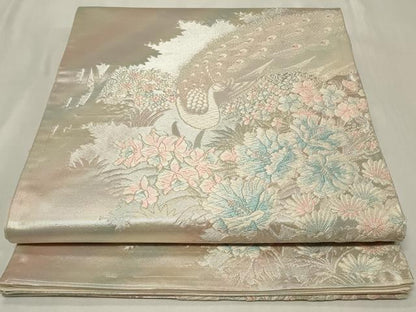 平和屋着物◎六通柄袋帯 唐織 孔雀草花文 銀糸 正絹 逸品 CAAZ7645in