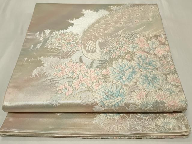 平和屋着物◎六通柄袋帯 唐織 孔雀草花文 銀糸 正絹 逸品 CAAZ7645in