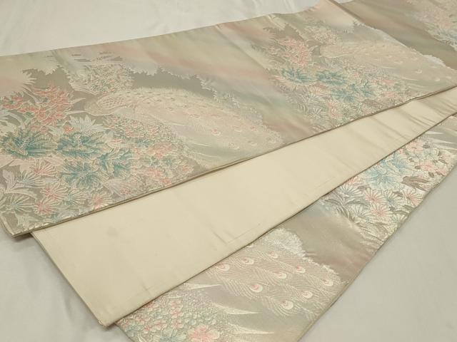 平和屋着物◎六通柄袋帯 唐織 孔雀草花文 銀糸 正絹 逸品 CAAZ7645in