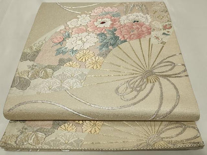 平和屋着物◎六通柄袋帯　唐織　扇面草花文　金銀糸　正絹　逸品　CAAZ7647in
