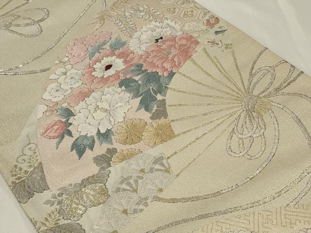 平和屋着物◎六通柄袋帯　唐織　扇面草花文　金銀糸　正絹　逸品　CAAZ7647in