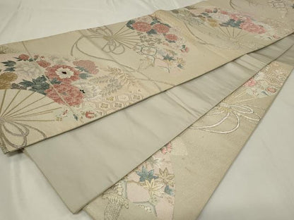 平和屋着物◎六通柄袋帯　唐織　扇面草花文　金銀糸　正絹　逸品　CAAZ7647in