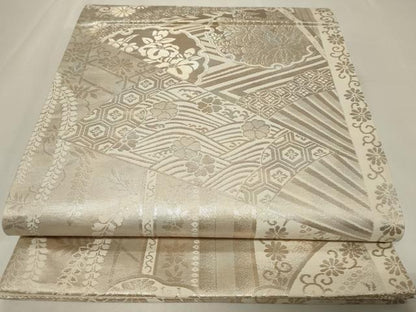 平和屋着物◎六通柄袋帯 扇面雪輪花文 銀糸 正絹 逸品 CAAZ7648in