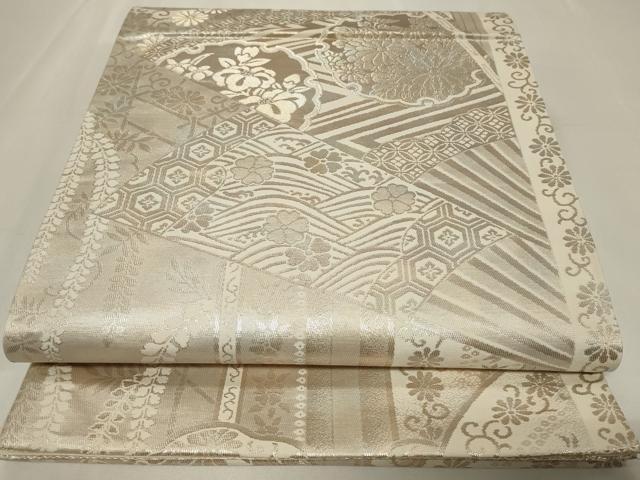 平和屋着物◎六通柄袋帯 扇面雪輪花文 銀糸 正絹 逸品 CAAZ7648in