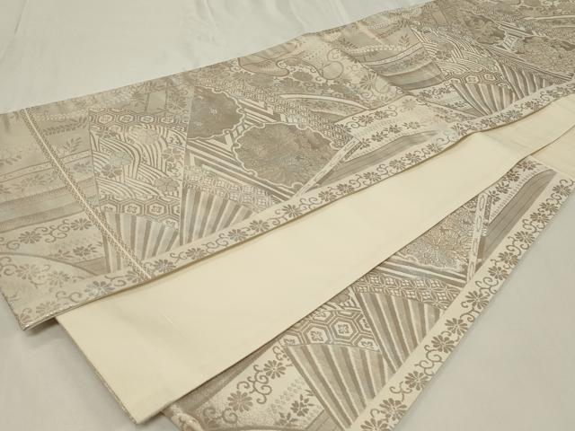 平和屋着物◎六通柄袋帯 扇面雪輪花文 銀糸 正絹 逸品 CAAZ7648in
