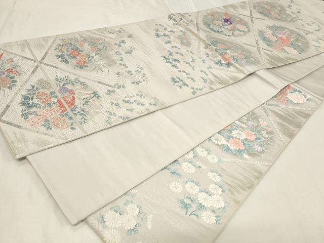 平和屋着物◎六通柄袋帯 唐織 天井花鳥丸文 銀糸 正絹 逸品 CAAZ7670in