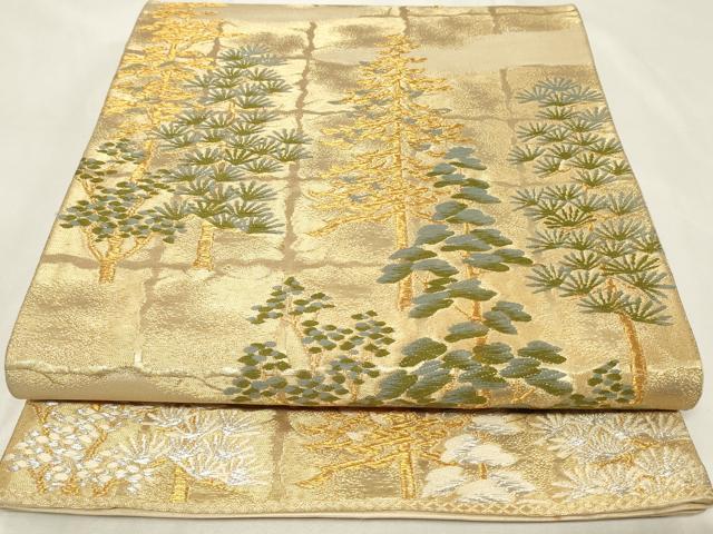 平和屋着物◎六通柄袋帯　唐織　格子樹林文　金銀糸　正絹　逸品　CAAZ7695in